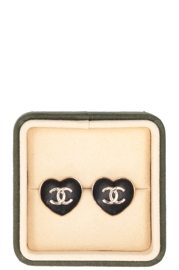 CHANEL 2022 Heart CC Earrings Leather Black