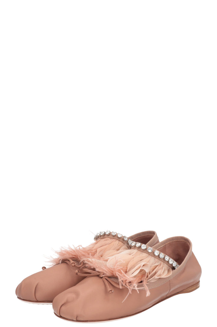 MIUMIU Ballet Flats Feathers Crystal Dusty Pink
