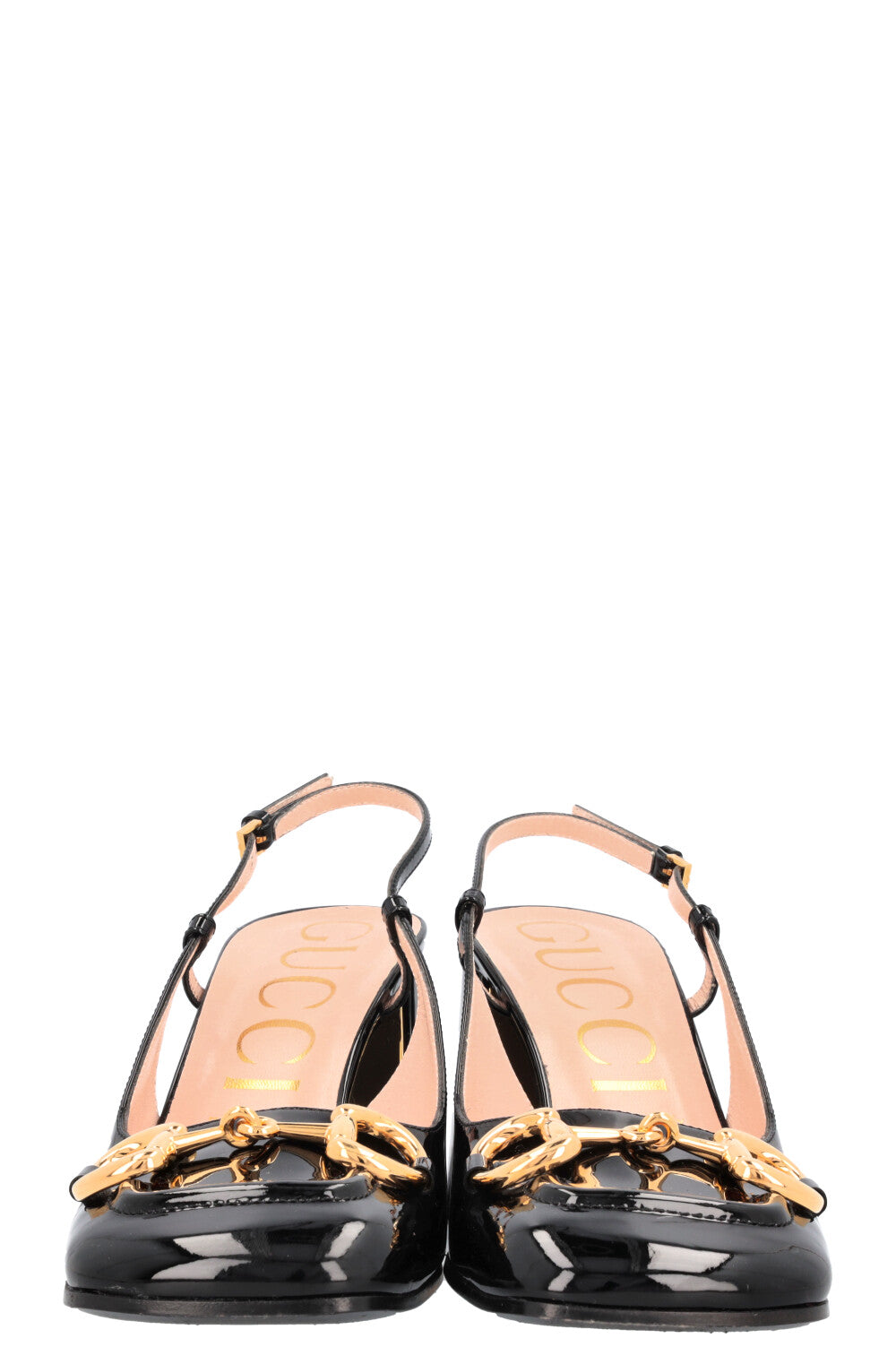 GUCCI Chunky Mid Heel Horsebit Slingback Black Patent