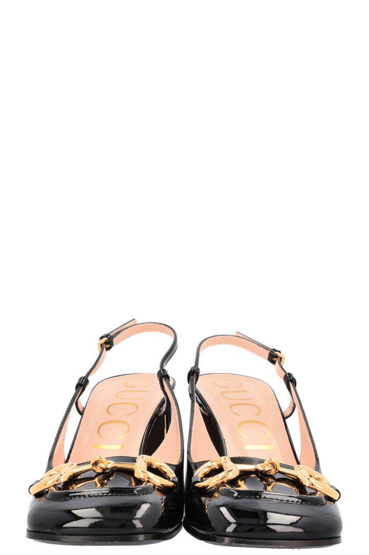GUCCI Chunky Mid Heel Horsebit Slingback Black Patent