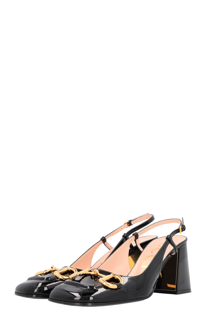 GUCCI Chunky Mid Heel Horsebit Slingback Black Patent