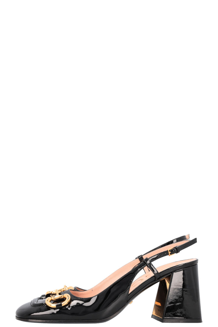 GUCCI Chunky Mid Heel Horsebit Slingback Black Patent