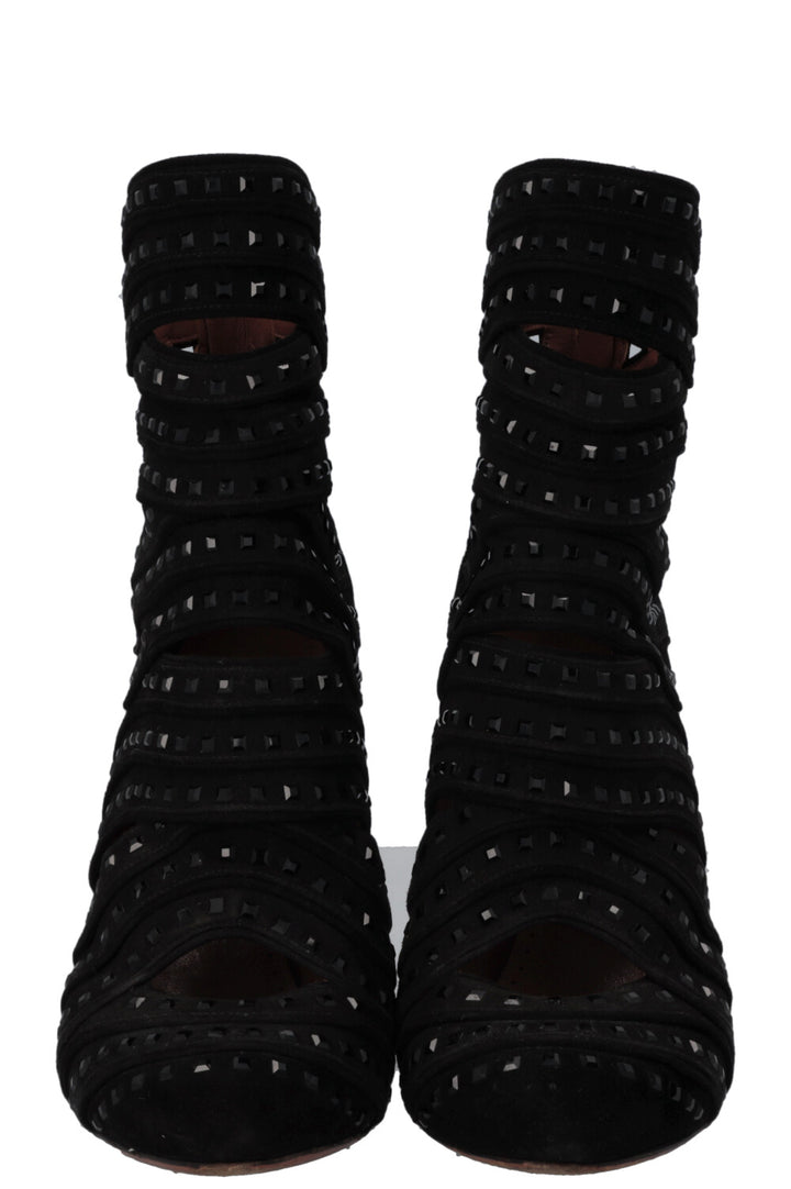 ALAIA Cut Out Crystal Ankle Boots Suede Black