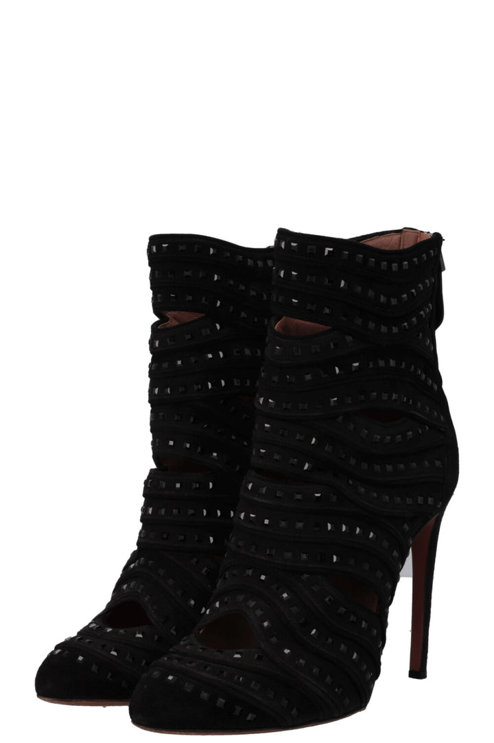 ALAIA Cut Out Crystal Ankle Boots Suede Black