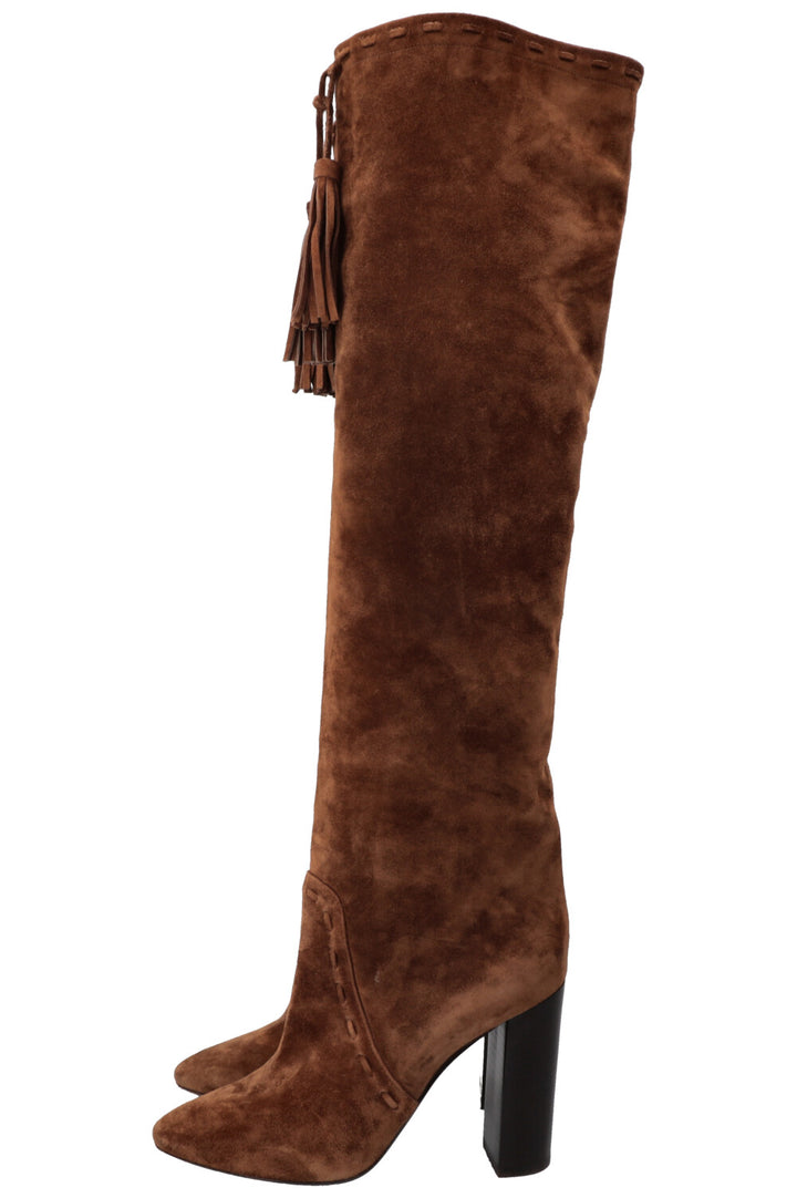 SAINT LAURENT Bottines à Pompons Meurice Daim Marron