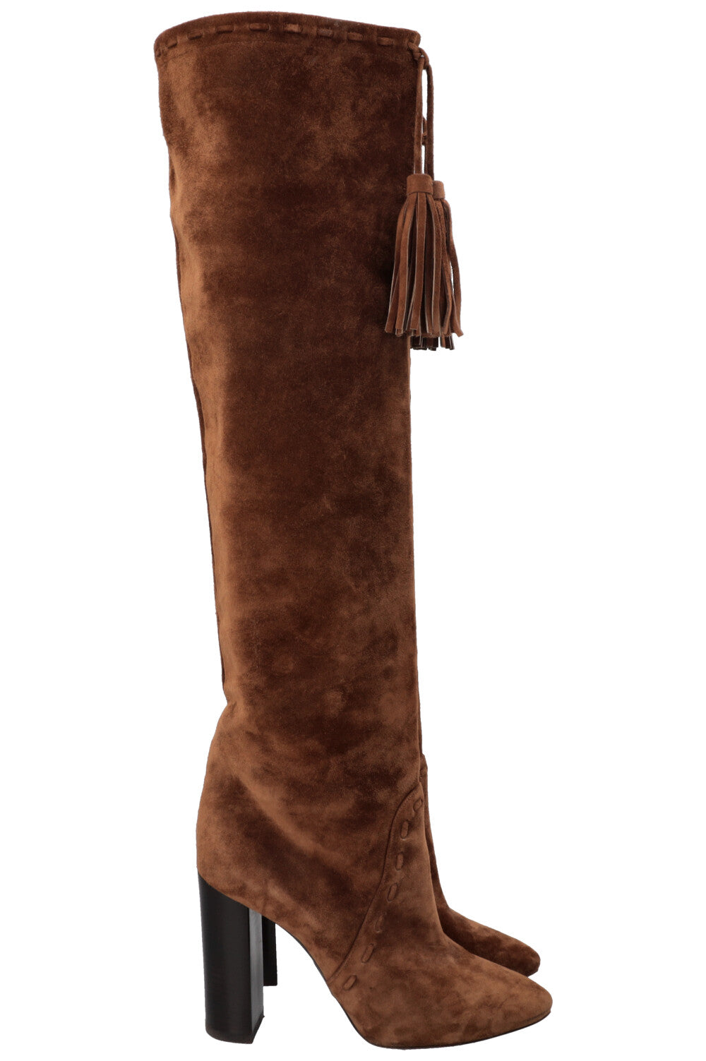 SAINT LAURENT Bottines à Pompons Meurice Daim Marron
