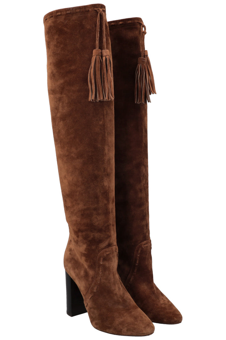 SAINT LAURENT Bottines à Pompons Meurice Daim Marron