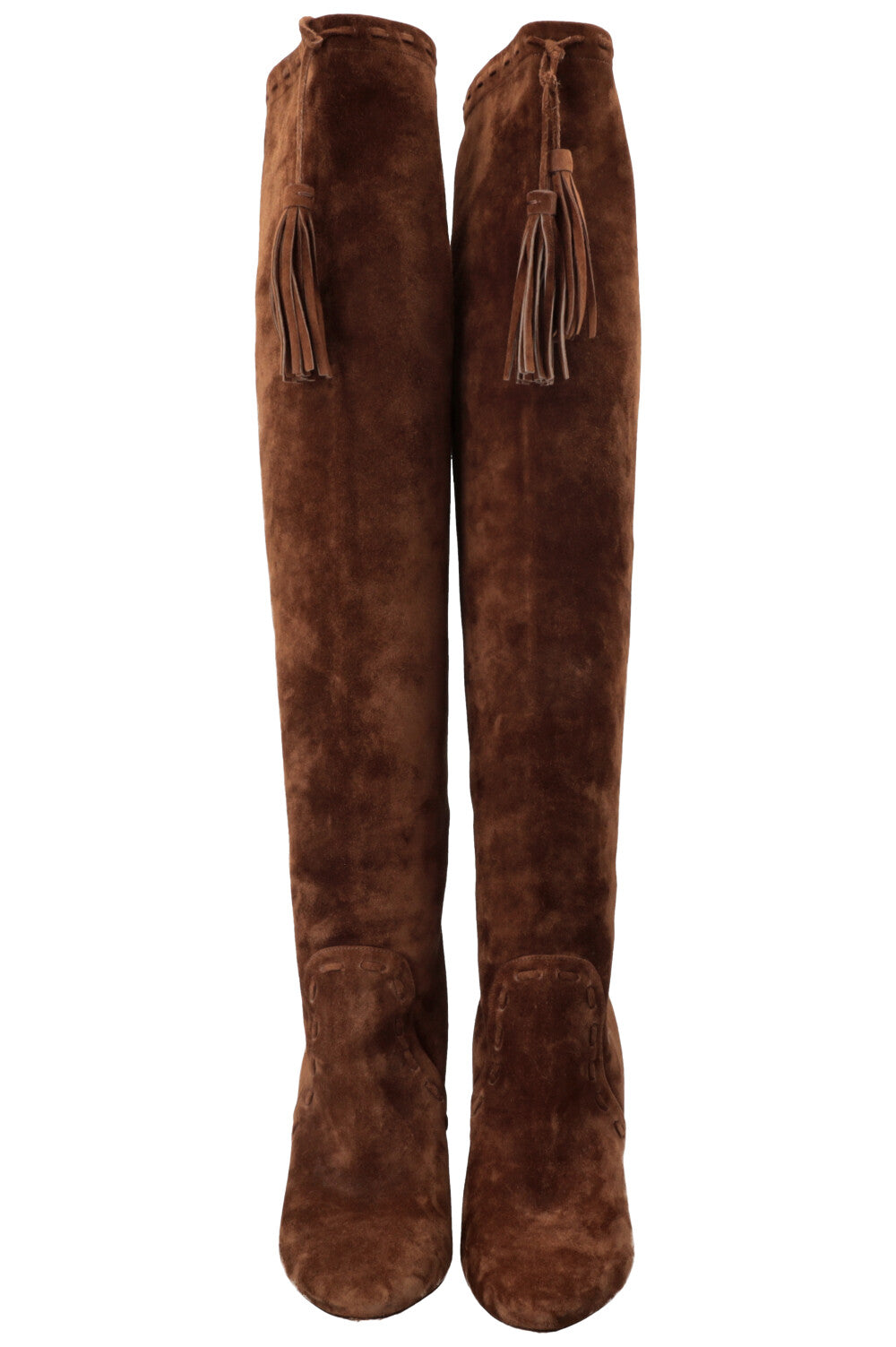 SAINT LAURENT Bottines à Pompons Meurice Daim Marron