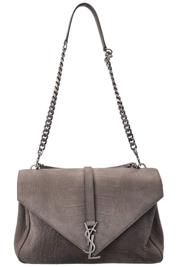 SAINT LAURENT Croc Embossed College Bag Grey