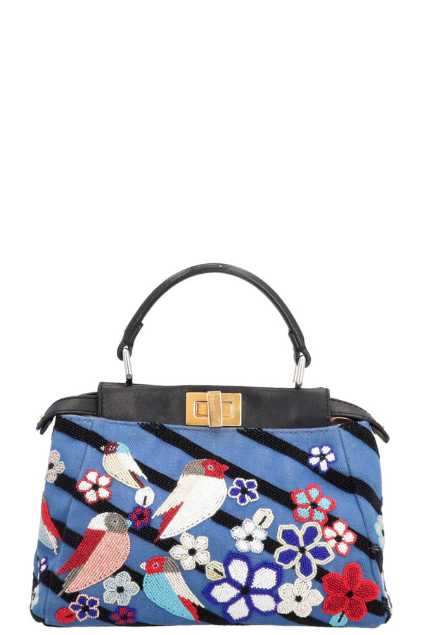 Mini sac à main FENDI Peekaboo en denim avec perles et oiseaux