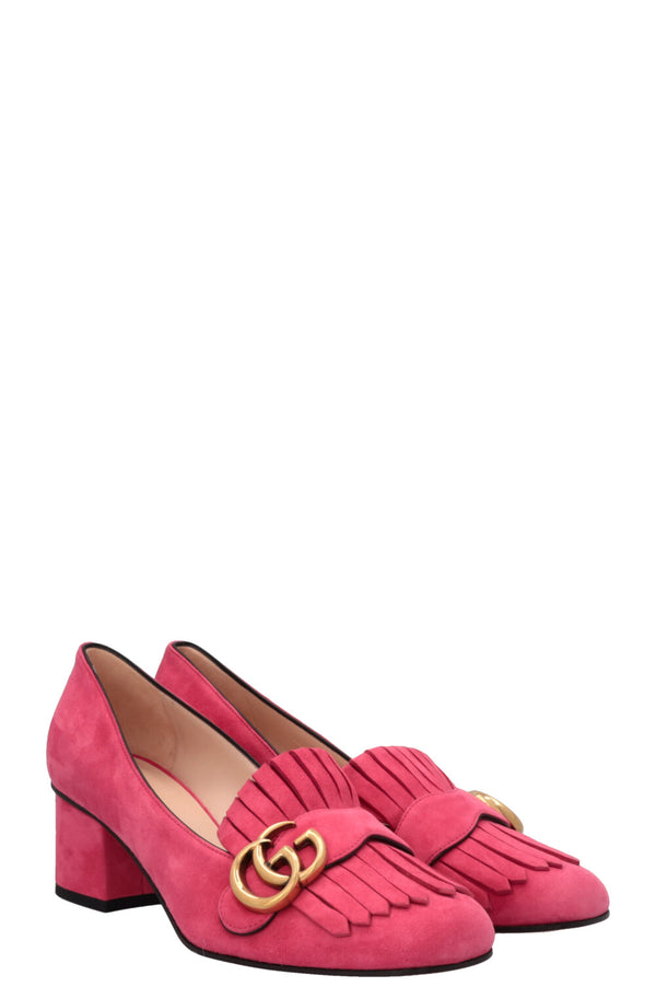 GUCCI Marmont Fringed Heels Pink Suede