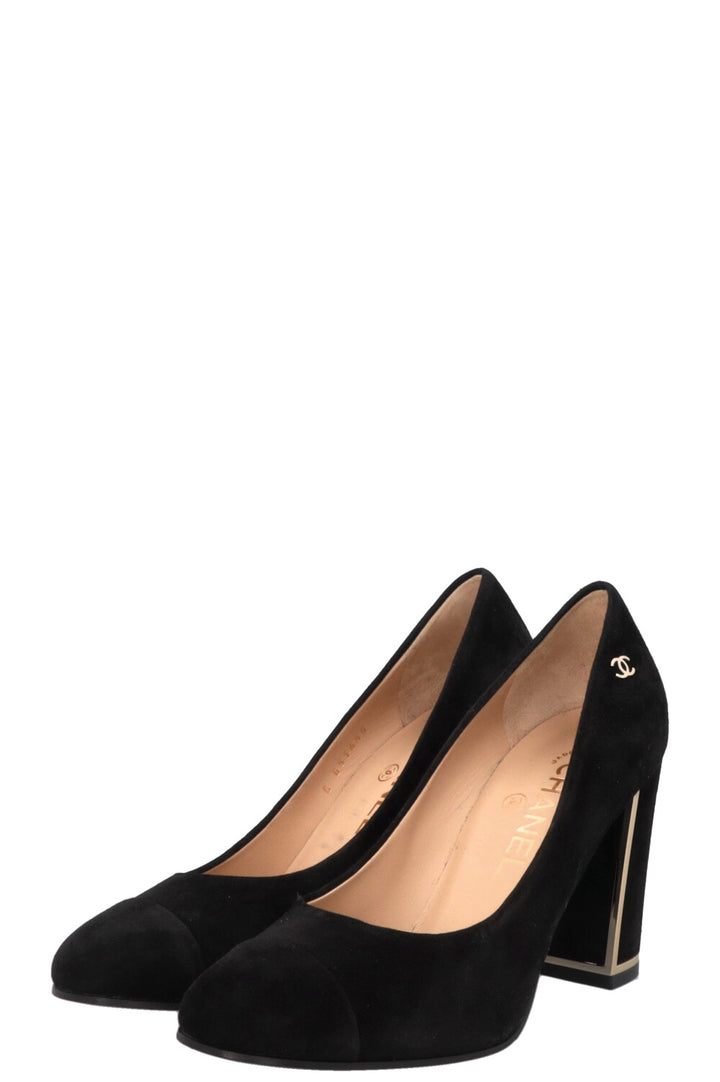 CHANEL Classic CC Block Heels Suede Black