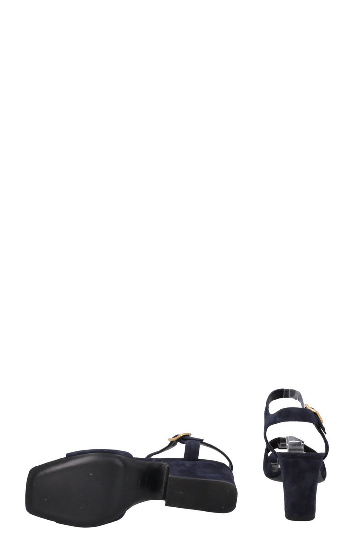 CÉLINE Block Heels Sandals Suede Navy