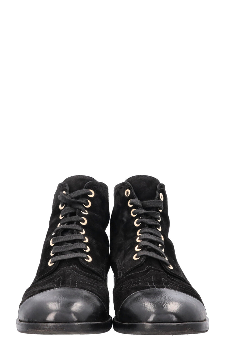 CHANEL CC Lace Up Ankle Boots Suede Black