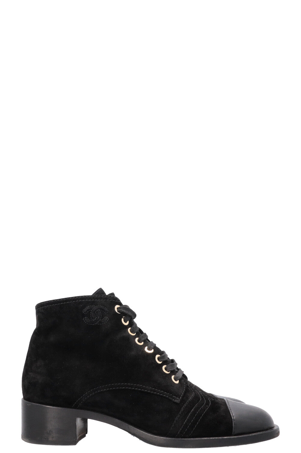 CHANEL CC Lace Up Ankle Boots Suede Black