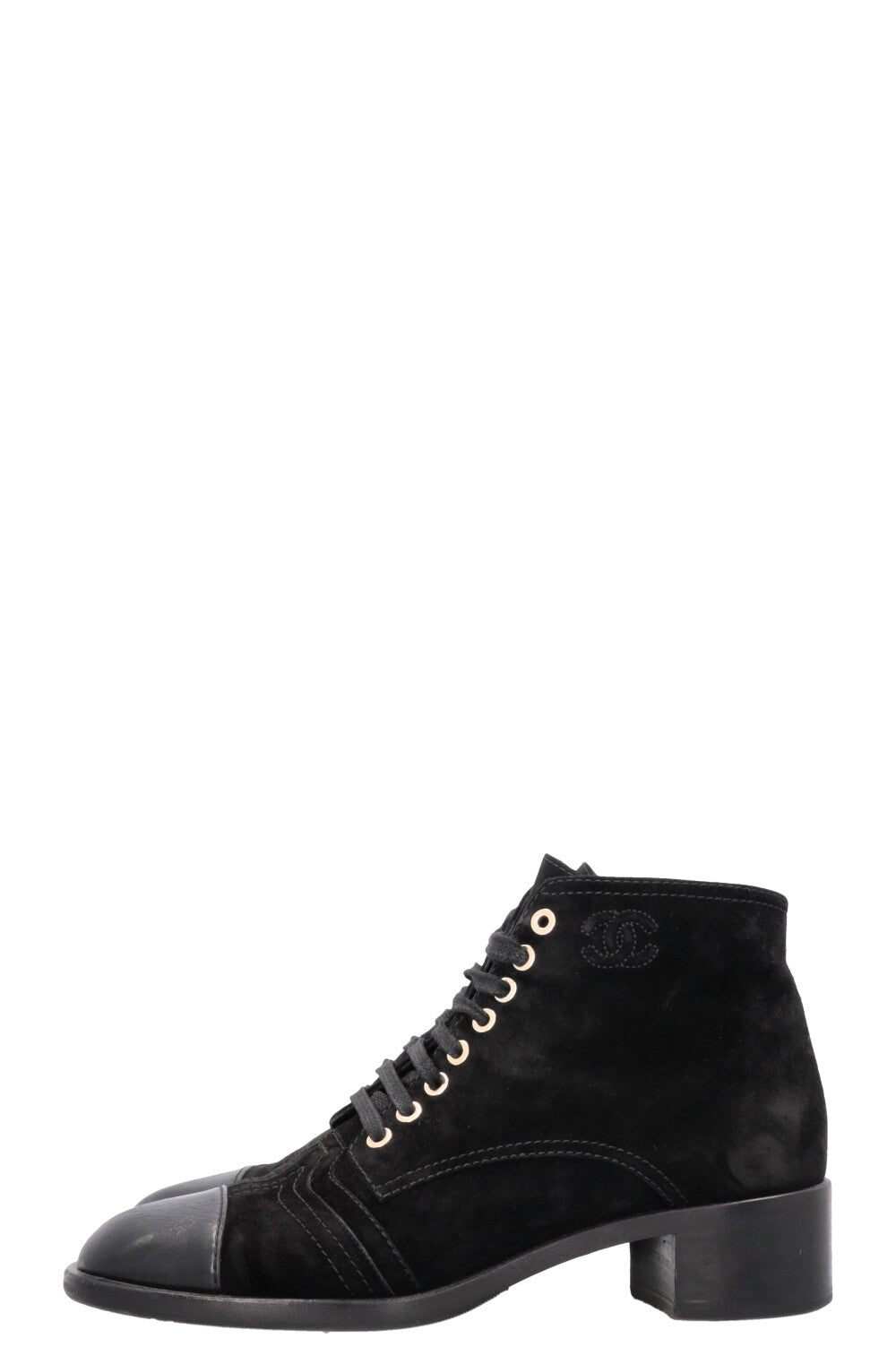 CHANEL CC Lace Up Ankle Boots Suede Black