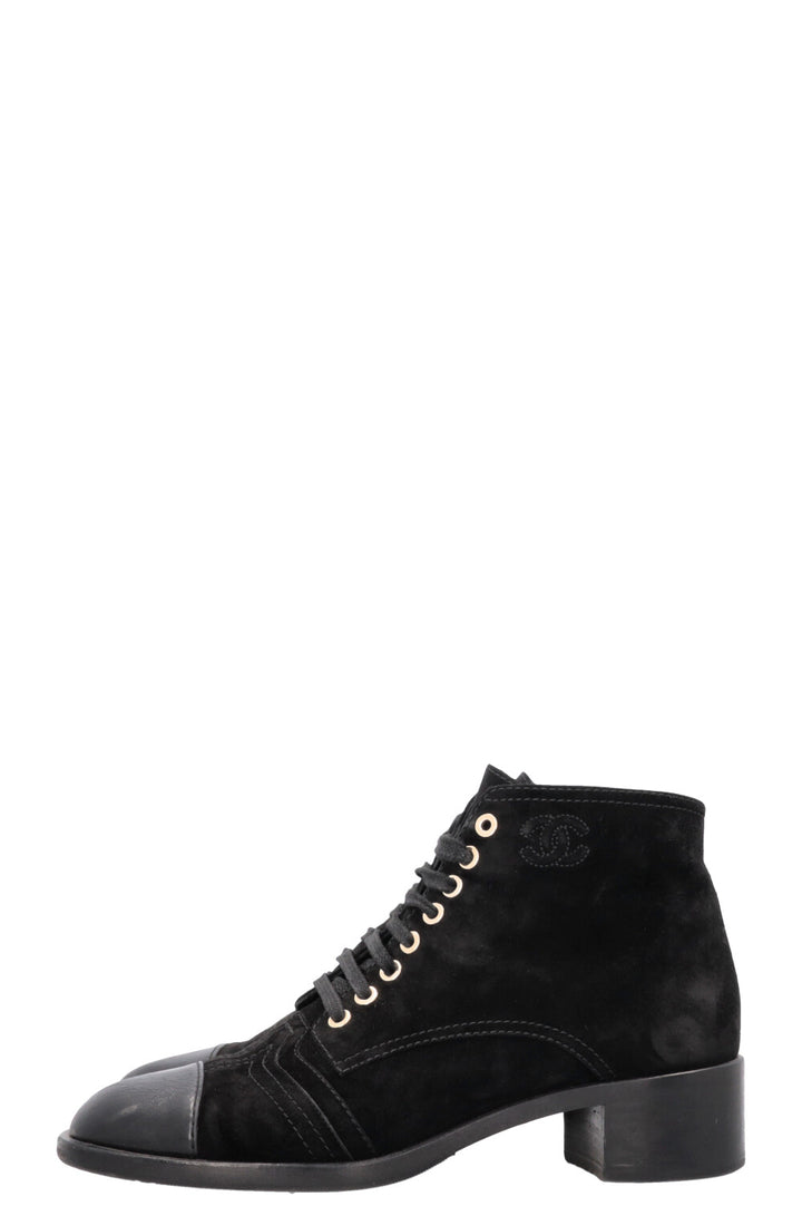 CHANEL CC Lace Up Ankle Boots Suede Black