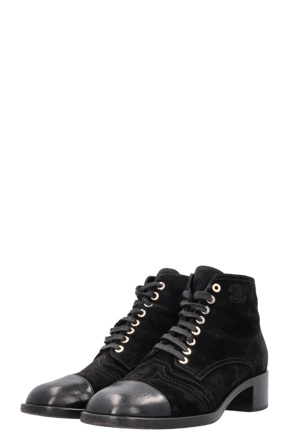 CHANEL CC Lace Up Ankle Boots Suede Black