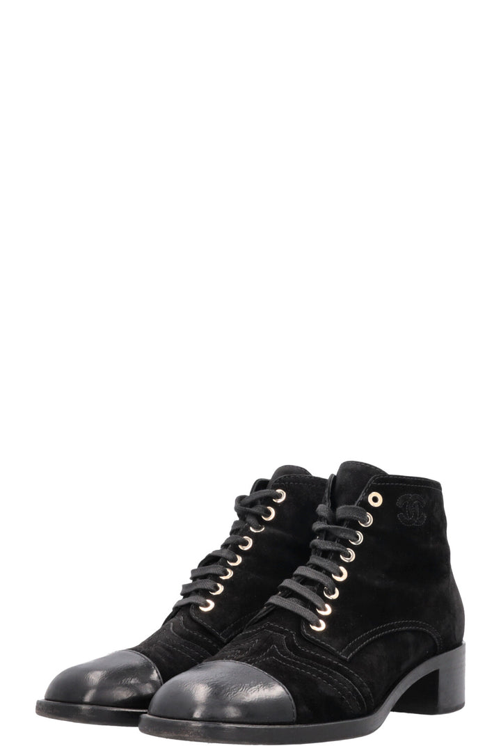 CHANEL CC Lace Up Ankle Boots Suede Black