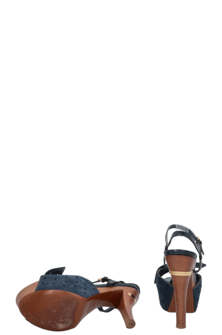 LOUIS VUITTON Wooden Platform Heels Suede Petrol