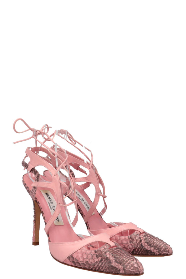 MANOLO BLAHNIK Lace Up Heels Python Pink