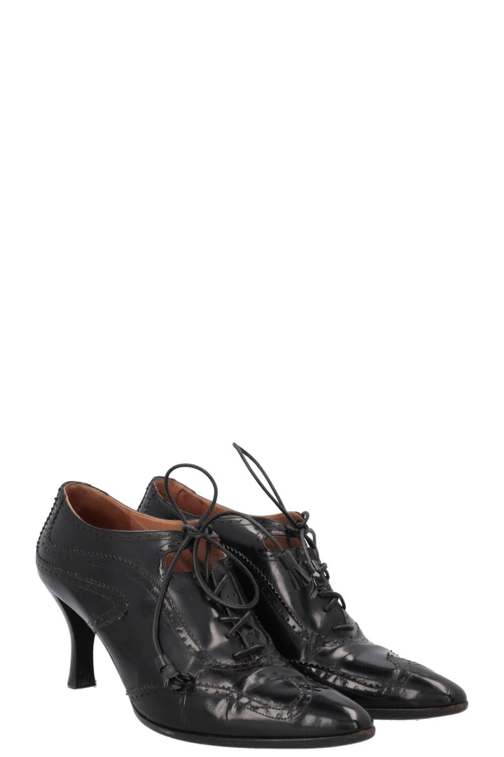 HERMÈS Lace Up Heels Black Leather