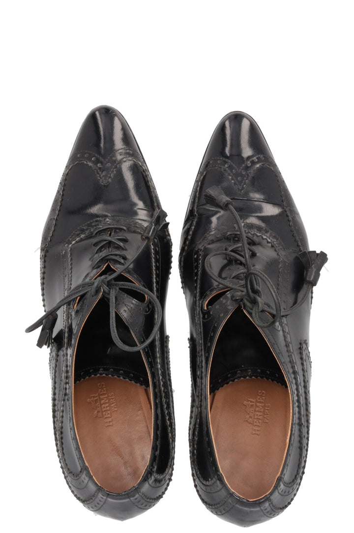 HERMÈS Lace Up Heels Black Leather