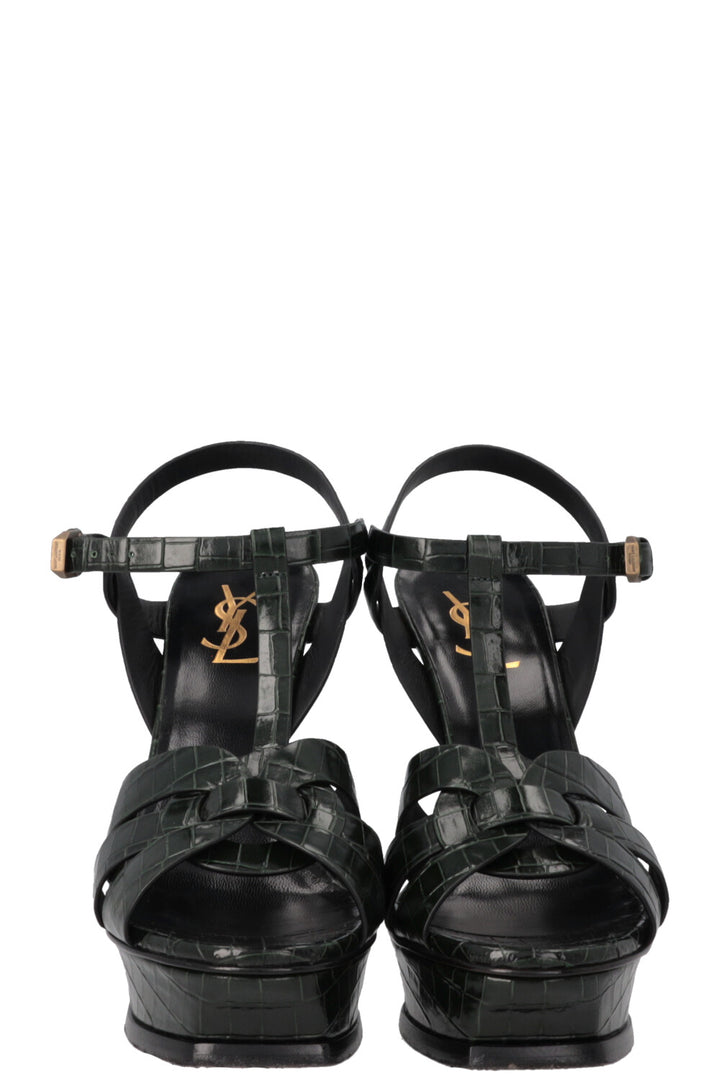 SAINT LAURENT Tribute Platform Sandals Croc Embossed Leather Green