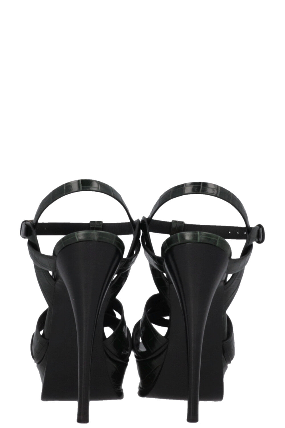 SAINT LAURENT Tribute Platform Sandals Croc Embossed Leather Green