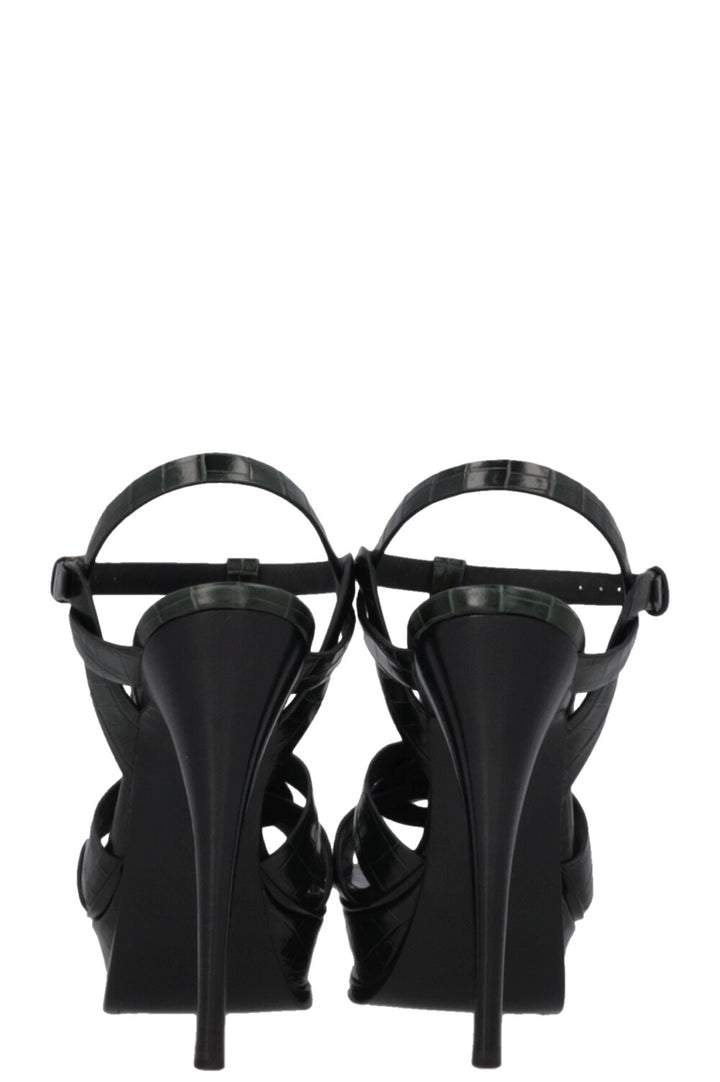 SAINT LAURENT Tribute Platform Sandals Croc Embossed Leather Green