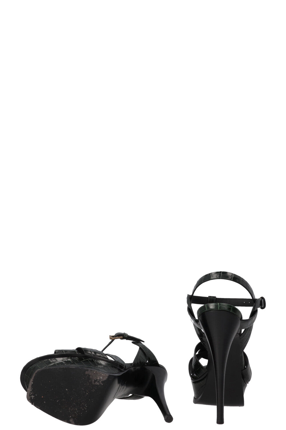 SAINT LAURENT Tribute Platform Sandals Croc Embossed Leather Green