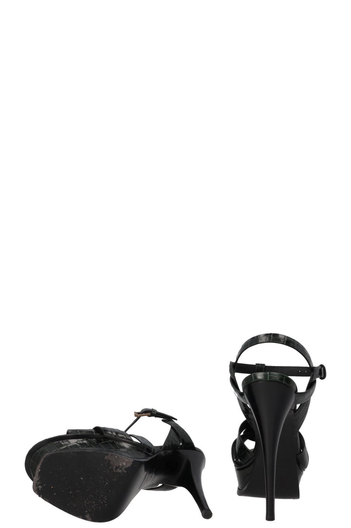 SAINT LAURENT Tribute Platform Sandals Croc Embossed Leather Green