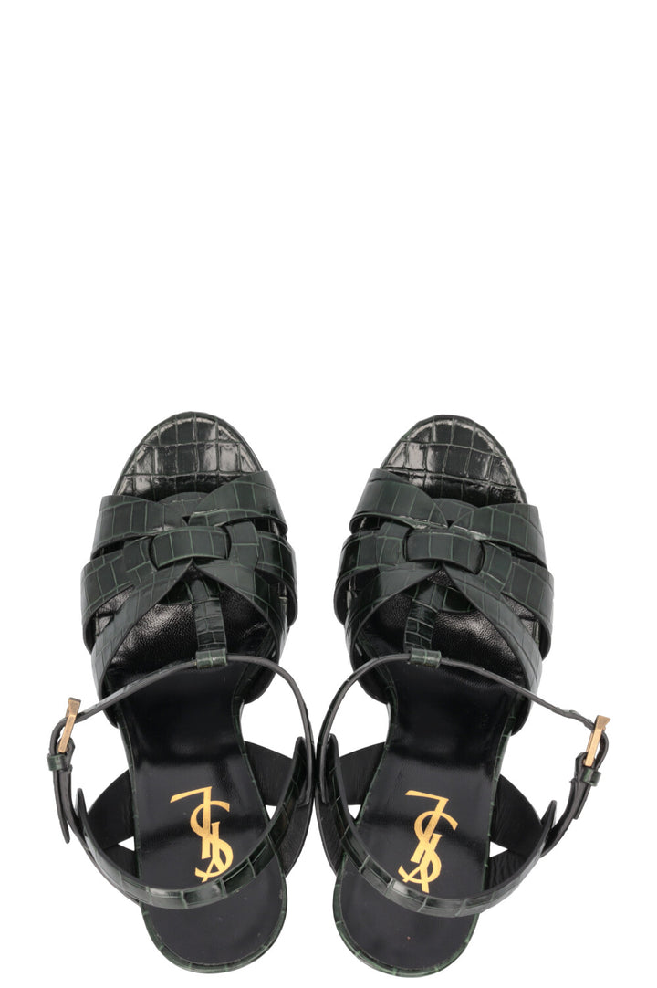 SAINT LAURENT Tribute Platform Sandals Croc Embossed Leather Green