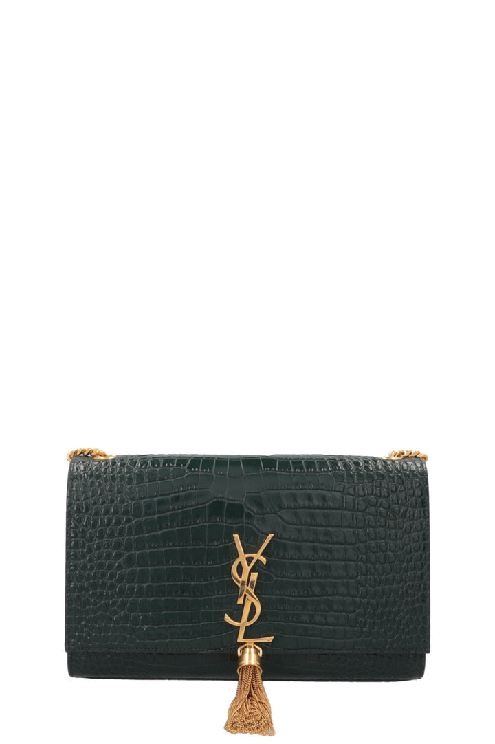 SAINT LAURENT Medium Kate Tassel Bag Croc Embossed Green