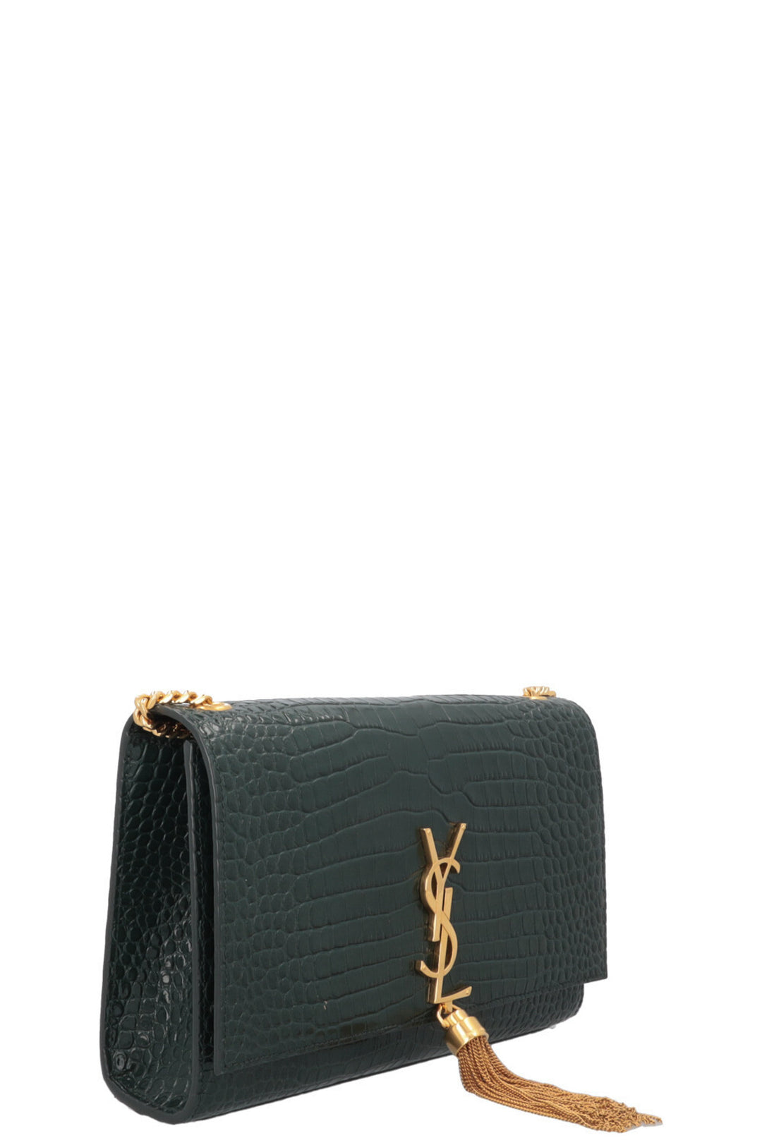 SAINT LAURENT Medium Kate Tassel Bag Croc Embossed Green