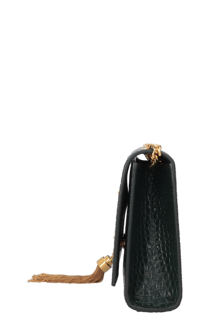 SAINT LAURENT Medium Kate Tassel Bag Croc Embossed Green