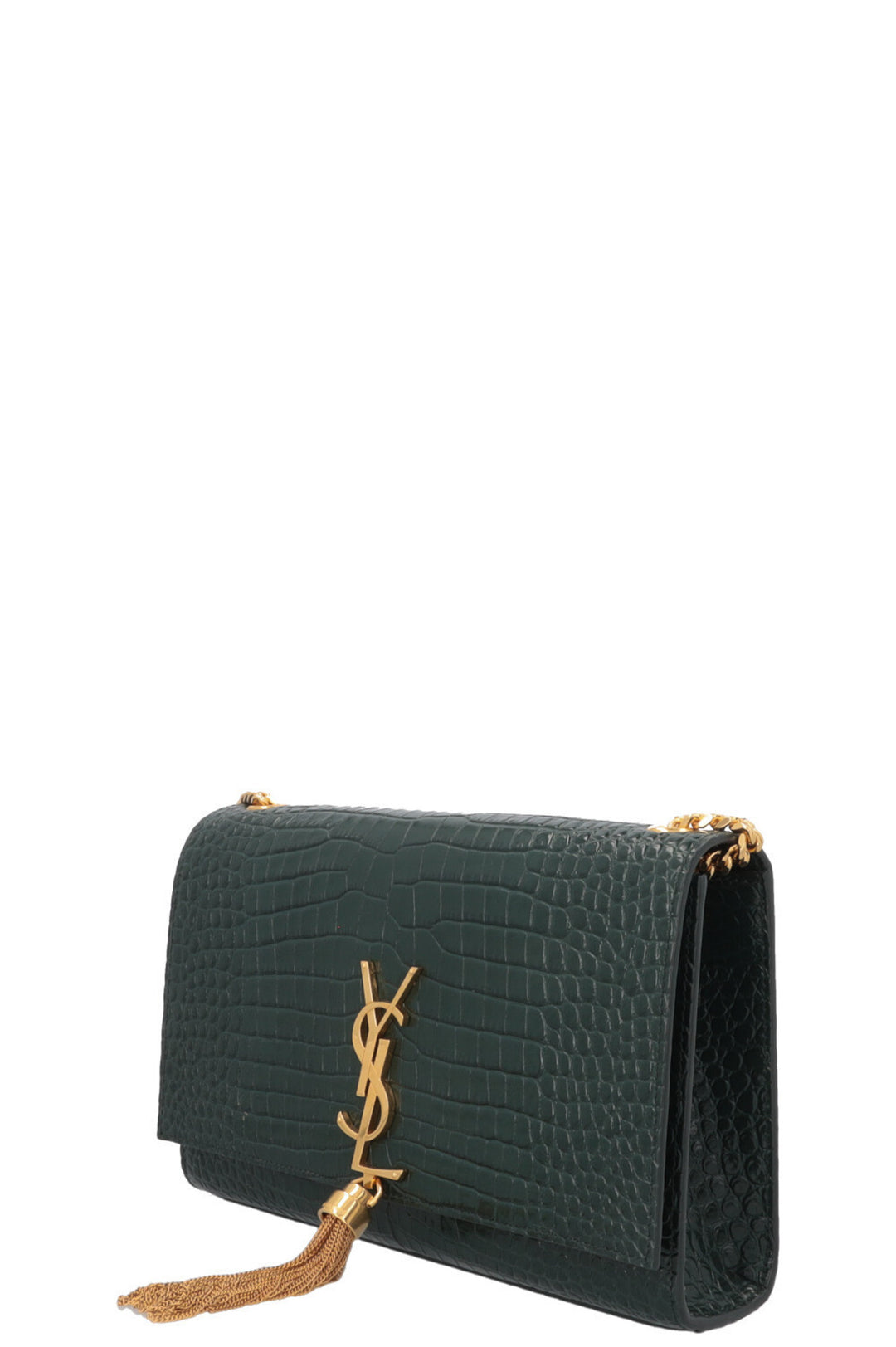 SAINT LAURENT Medium Kate Tassel Bag Croc Embossed Green