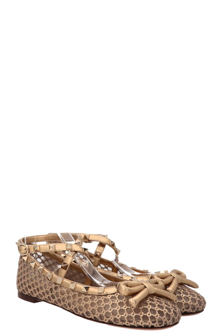 VALENTINO Ballerines Rockstud Maille Cuir Doré