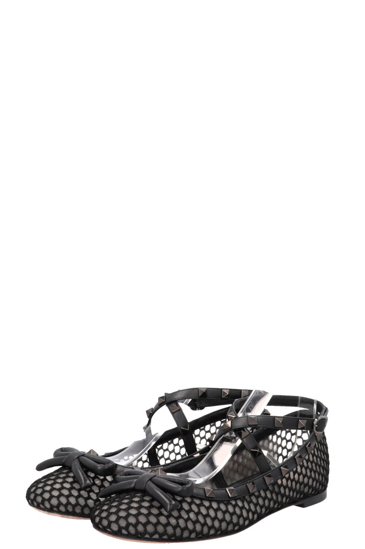 VALENTINO Rockstud Ballet Flats Mesh Leather Black