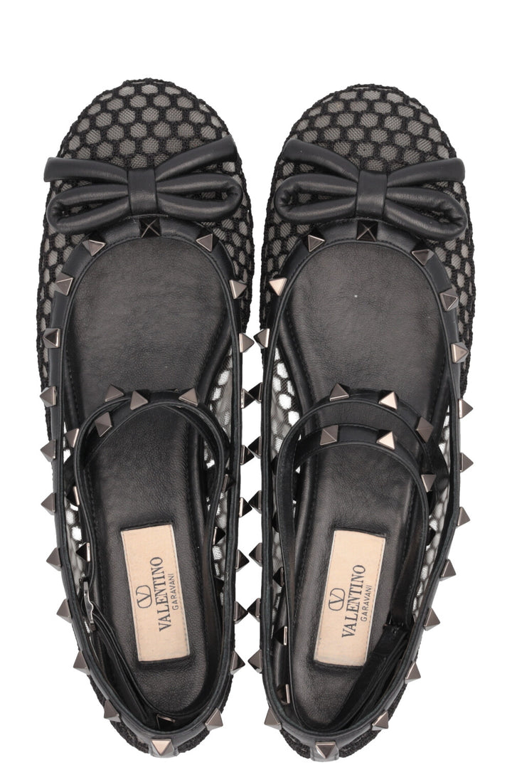 VALENTINO Rockstud Ballet Flats Mesh Leather Black