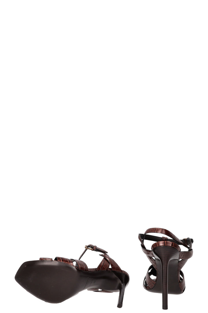SAINT LAURENT Croc Embossed Tribute Heels Brown