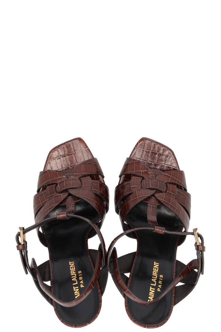 SAINT LAURENT Croc Embossed Tribute Heels Brown