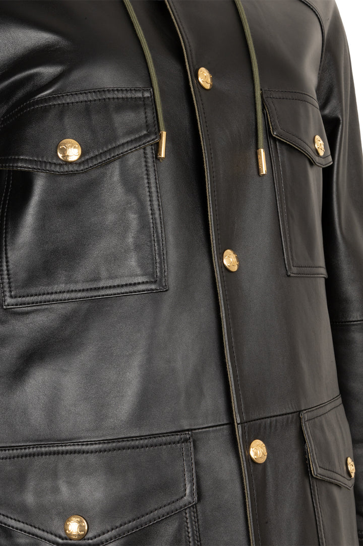 CELINE Parka Jacket Leather Black Green