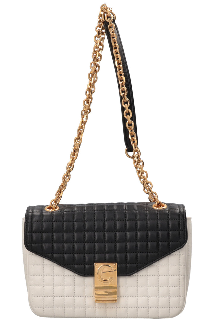 CELINE Quilted C Flap Bag Medium Leather Black White