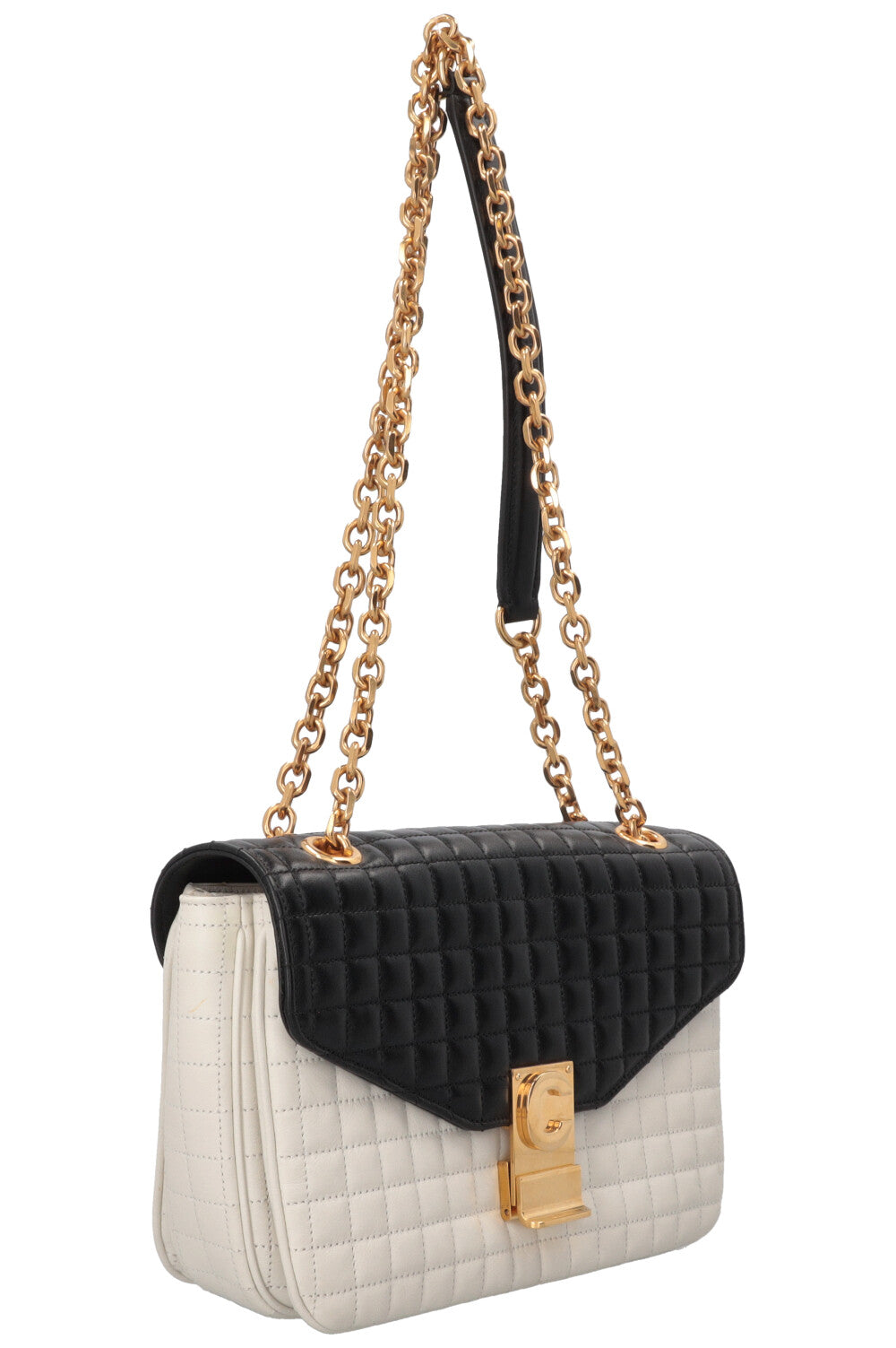 CELINE Quilted C Flap Bag Medium Leather Black White