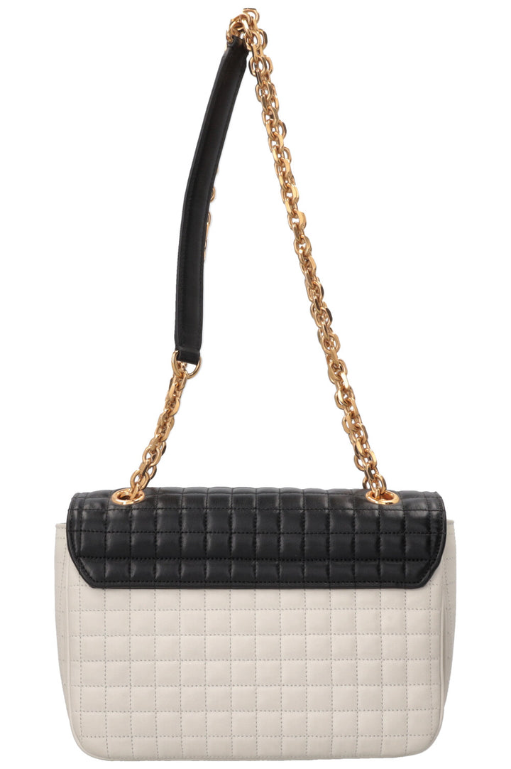 CELINE Quilted C Flap Bag Medium Leather Black White