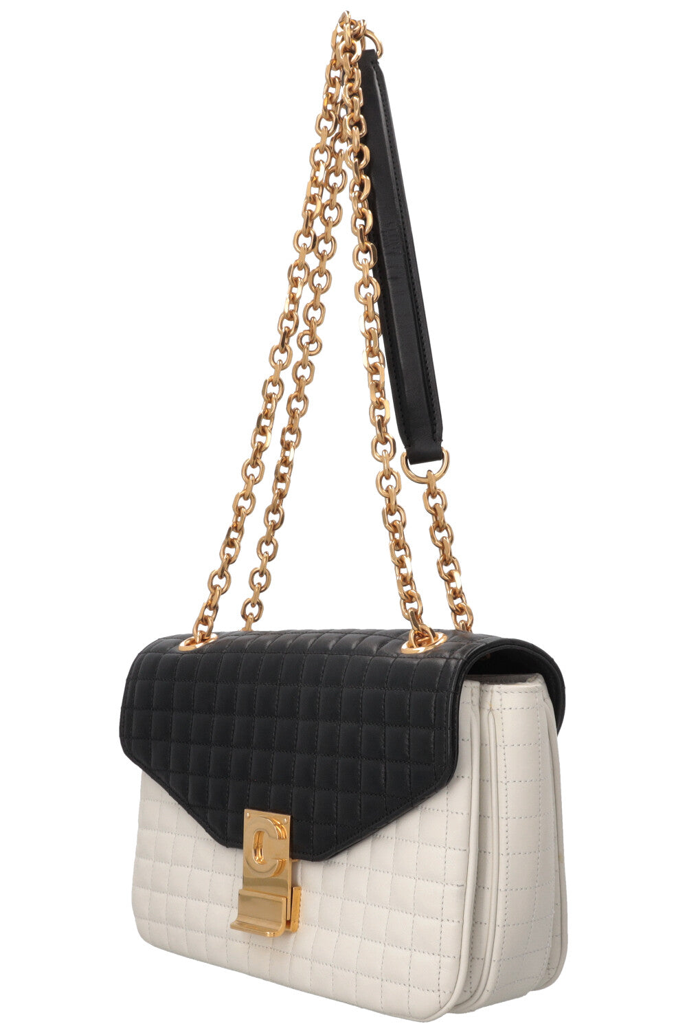CELINE Quilted C Flap Bag Medium Leather Black White