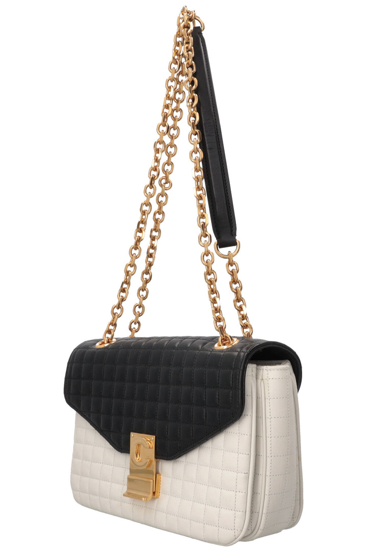 CELINE Quilted C Flap Bag Medium Leather Black White
