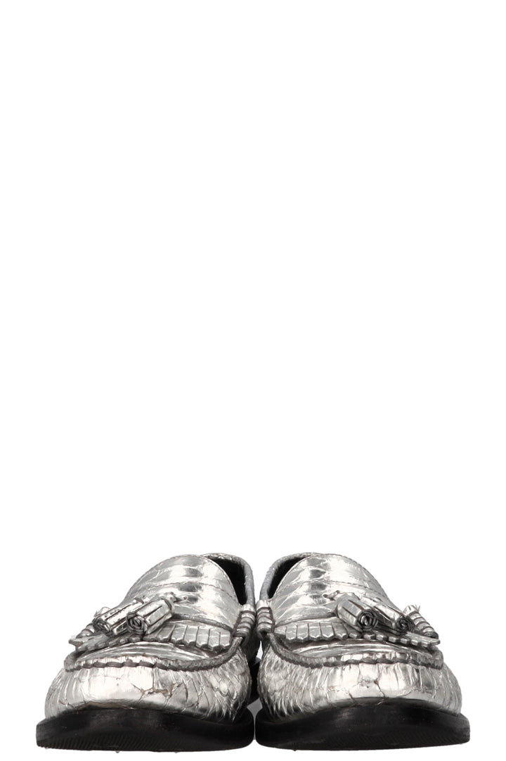 CELINE Tassel Loafers Embossed Leather Silver