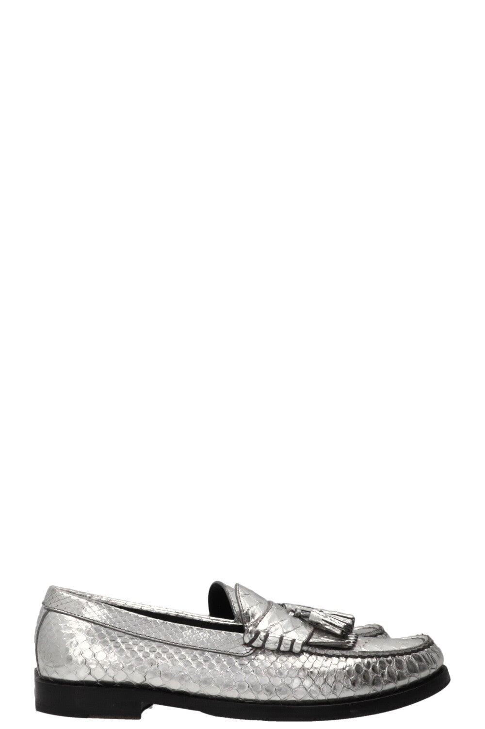 CELINE Tassel Loafers Embossed Leather Silver